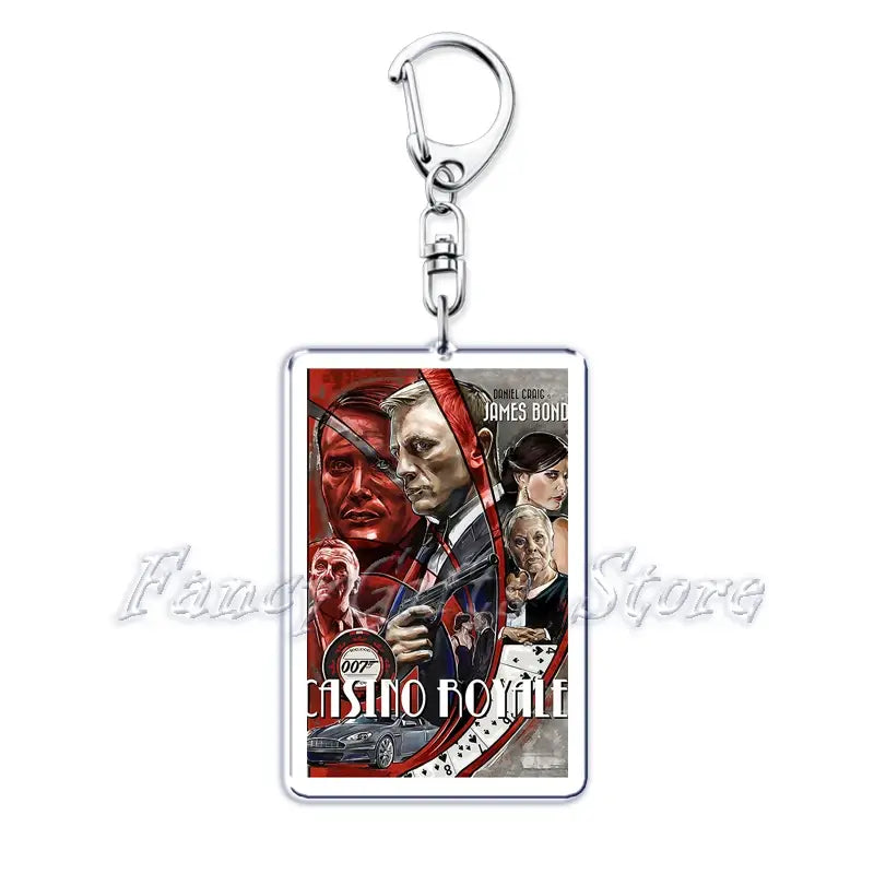 Silver rectangular acrylic keychain featuring a vibrant illustrated casino royale movie poster with Daniel Craig as the central figure in the movie poster acrylic keychain set.