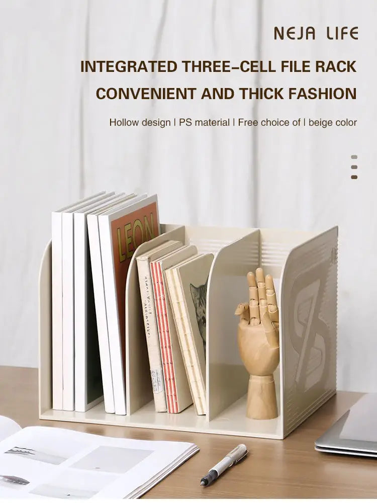 Beige plastic desk organizer and book storage rack with three hollow cells for efficient filing and storage.