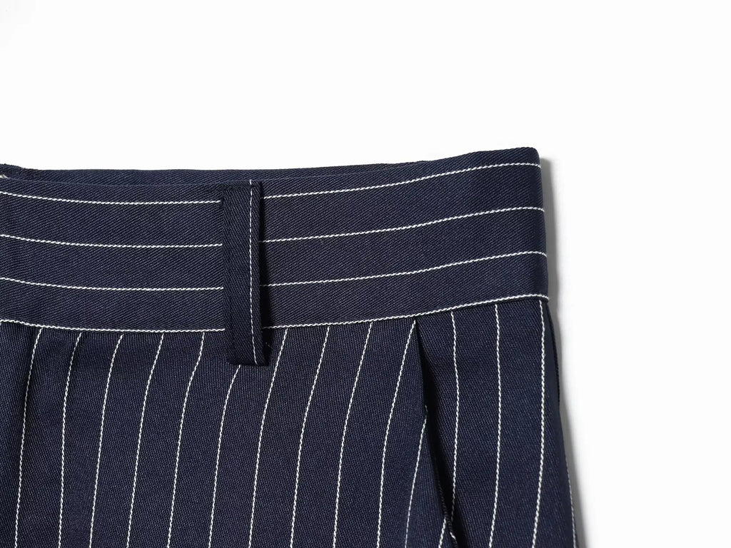 Women's Skirt 2026 Summer New Navy Blue Striped High Waist Slit A-Line Maxi Skirt Elegant Fashion