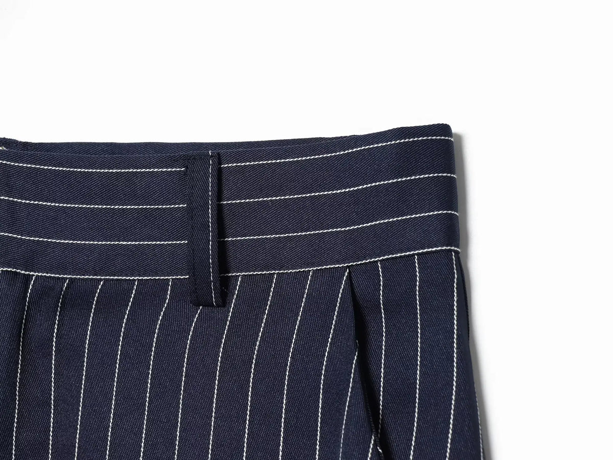 Women's Skirt 2026 Summer New Navy Blue Striped High Waist Slit A-Line Maxi Skirt Elegant Fashion
