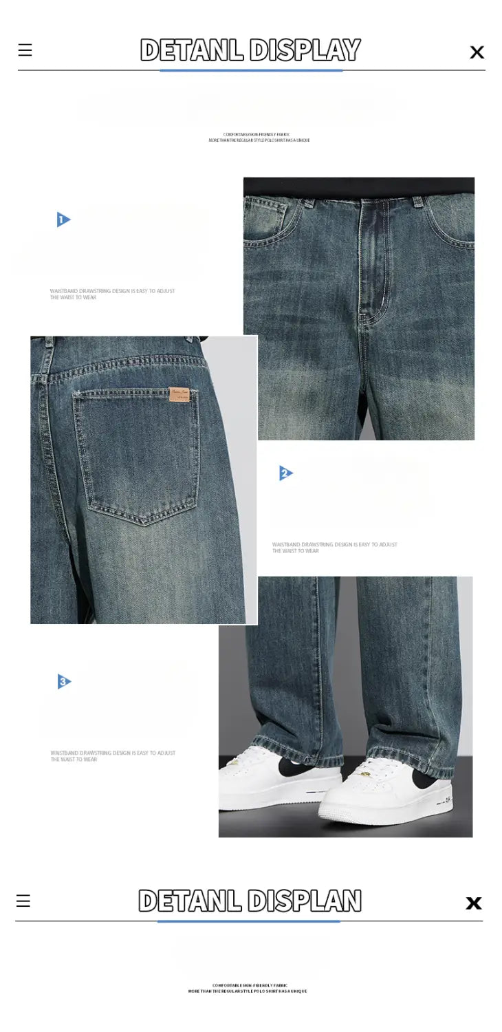Face arrière des jeans droits amples doublés de polaire pour homme en denim bleu, avec un lavage délavé et une petite patte en cuir marron sur la poche arrière