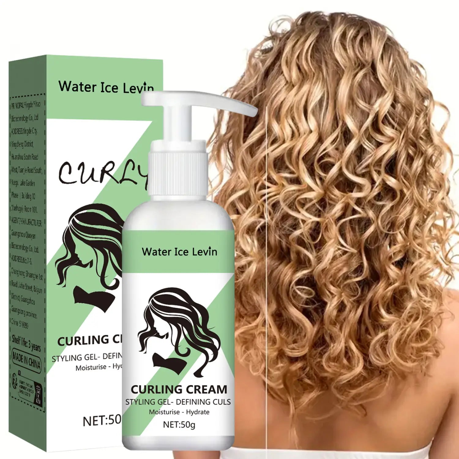 Botella dosificadora blanca con crema rizada de hielo para el cabello Levin, con etiqueta verde y blanca y un diseño de silueta negra, formulada como potenciador de rizos con queratina y biotina.