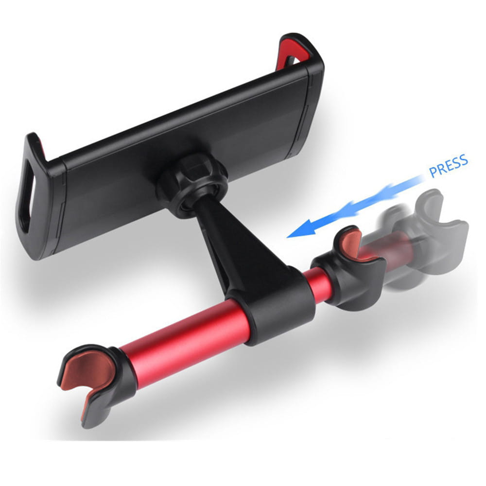 Soporte para tableta para reposacabezas de automóvil rojo y negro con brazo ajustable diseñado para dispositivos de 4,7 a 13 pulgadas, mostrado desde el lado posterior.