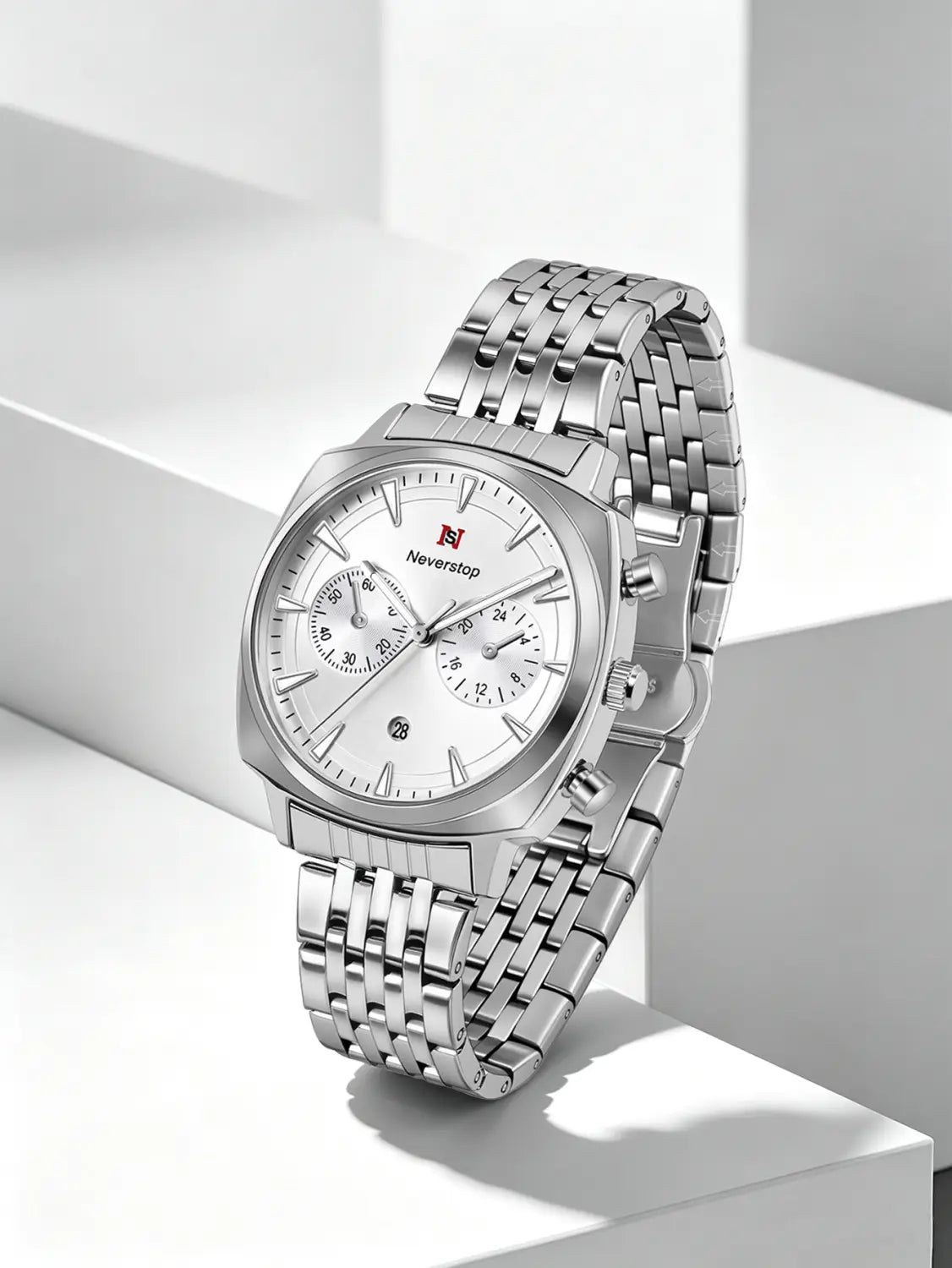 Men’s stainless steel chronograph watch in silver tone with a white dial three sub-dials and the neverstop brand logo on the face