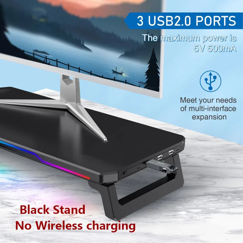 Wireless Charging Computer Stand with RGB Light Monitor Stand Office Docking Station Multifunctional Foldable Desktop Organizer