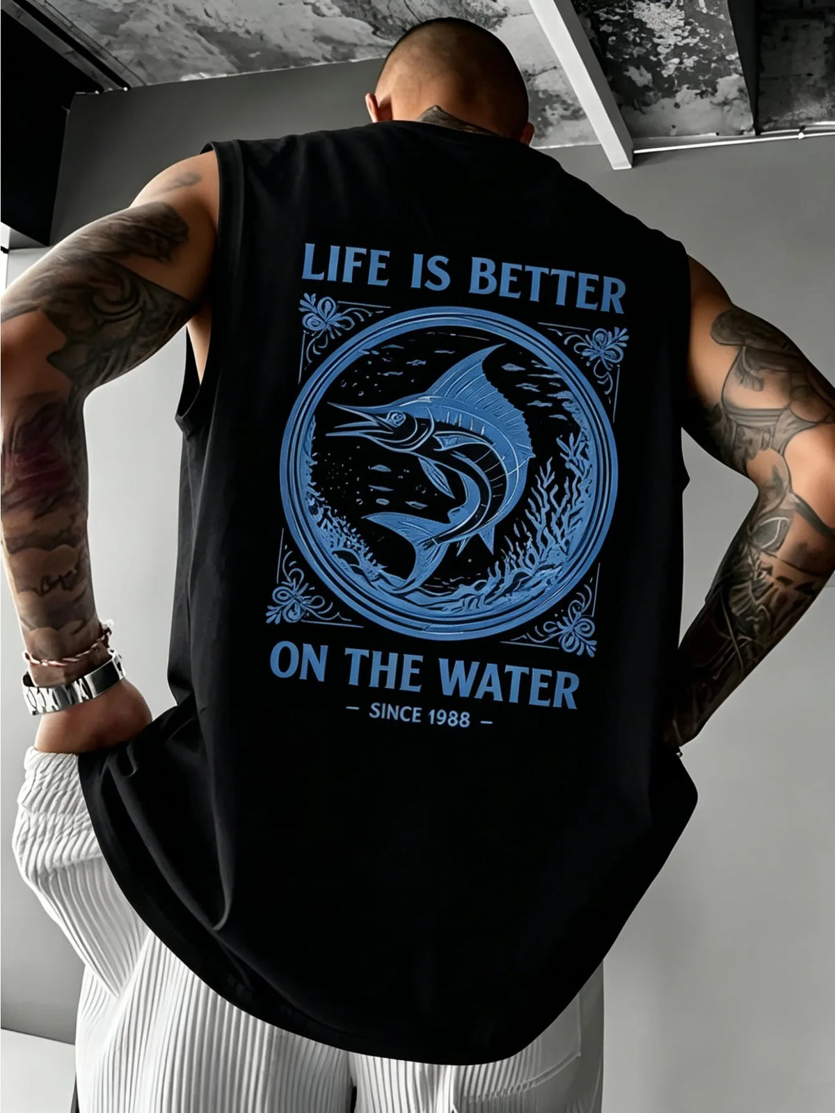 Men's Summer American High-Street Retro Print Tank Top: Streetwear Hip-Hop Style, Loose-Fit, Round Neck, Sleeveless Top
