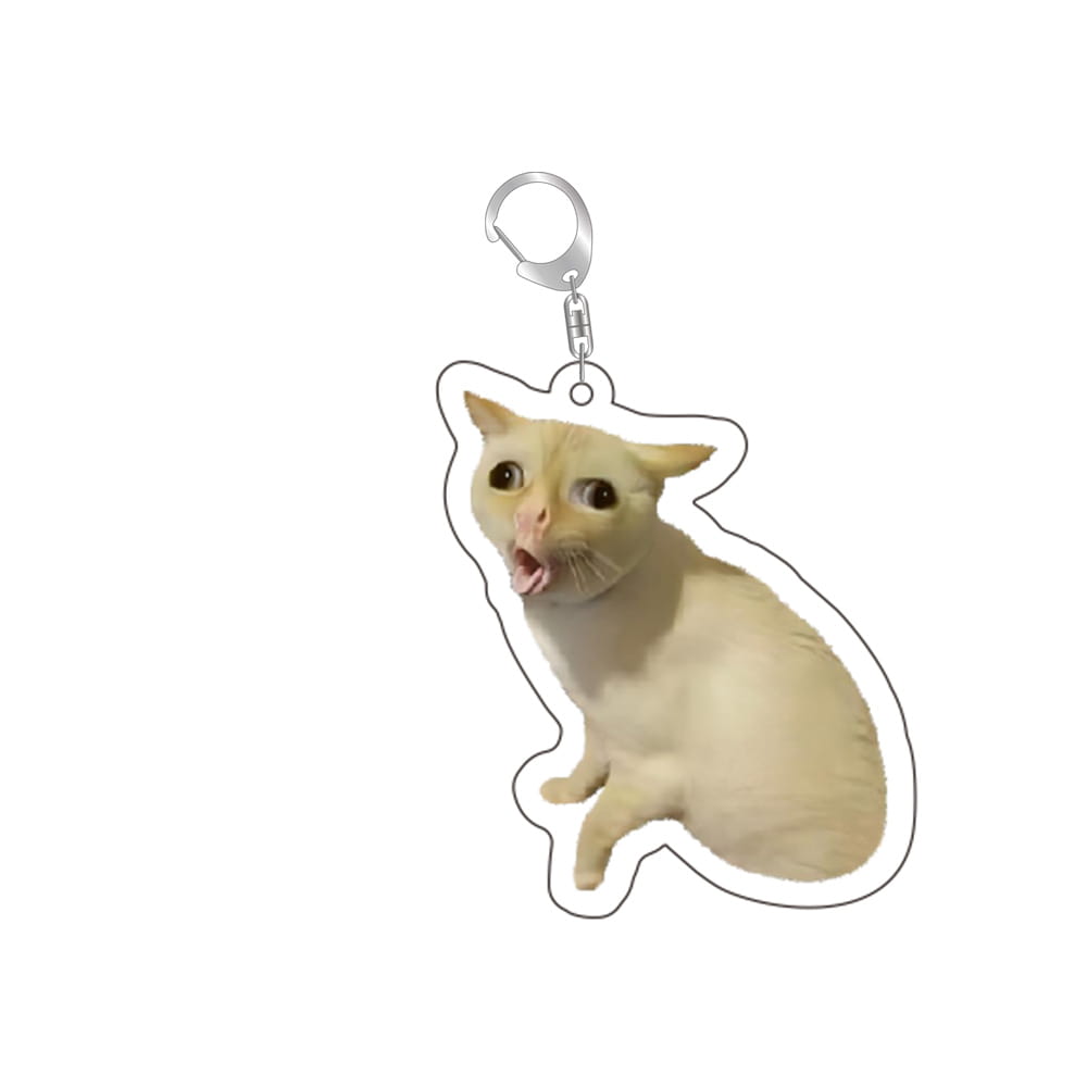 a translucent acrylic cat meme keychain featuring a beige cat with wide eyes and an open mouth, attached to a silver metal clasp