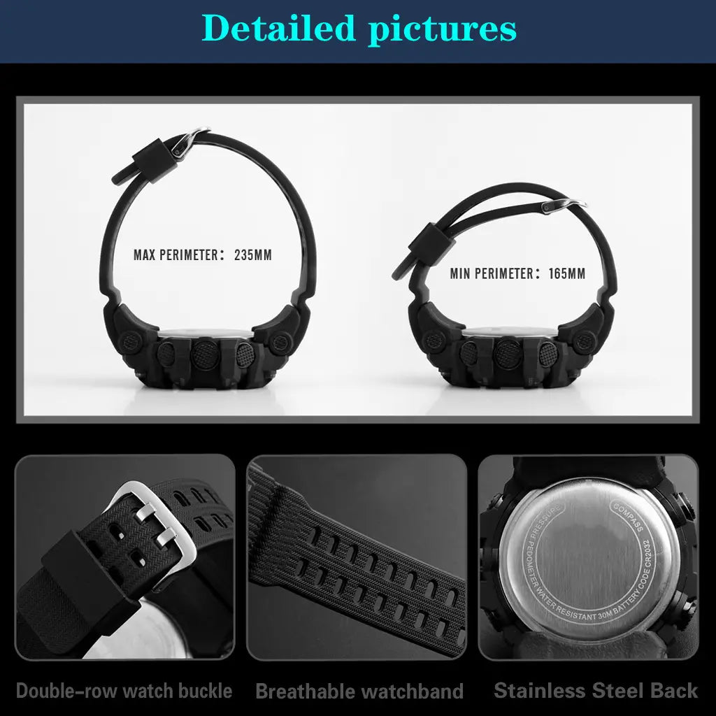 Schwarzes Gummiuhrband mit Edelstahlschnalle und atmungsaktivem, texturiertem Design für Herren, wasserdichte digitale Sportuhr mit großem Zifferblatt.