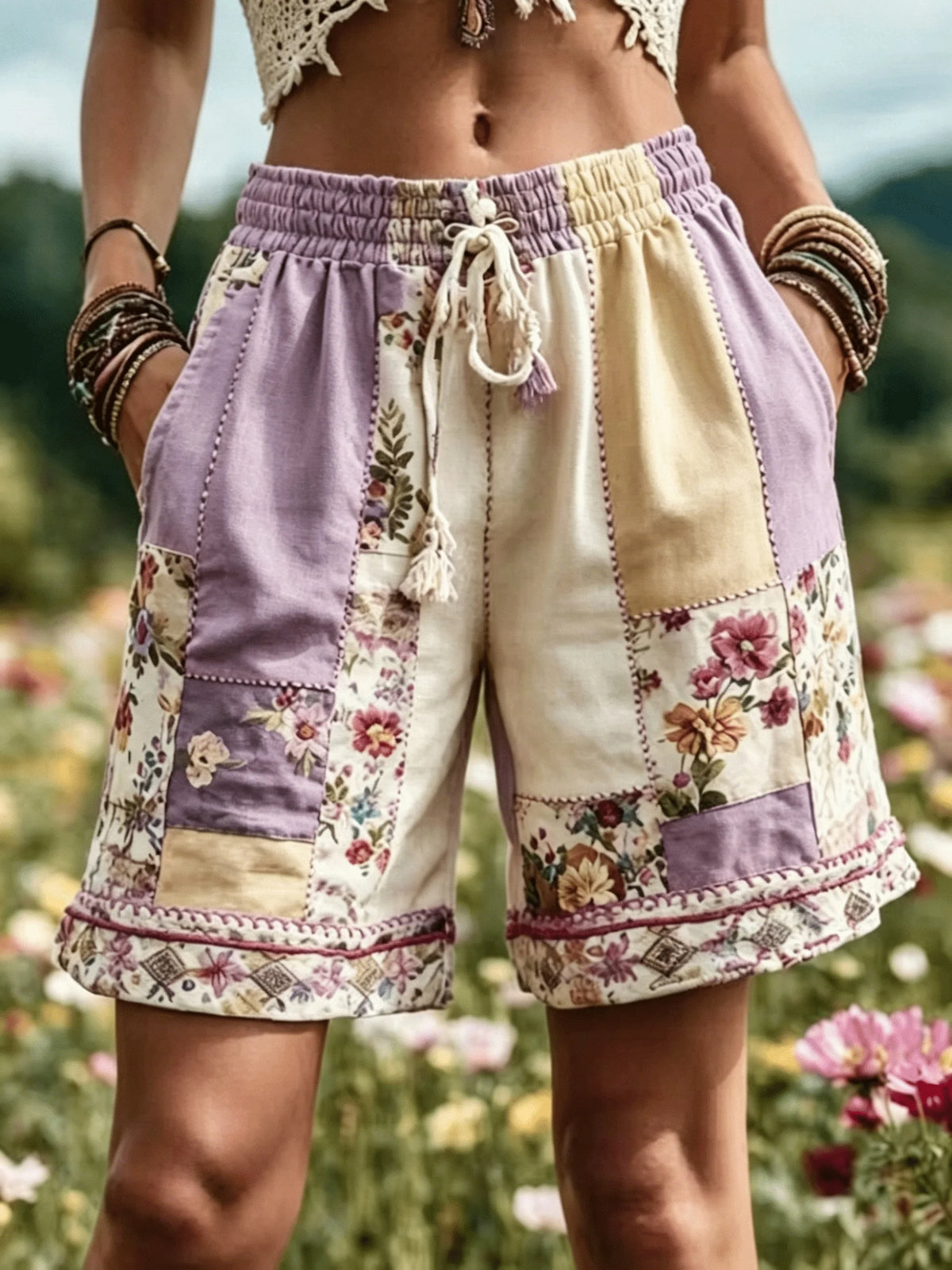 Women's Bohemian Ethnic Style Printed Vacation Shorts, Thin and Breathable, Elastic Waist, A-Line Shorts, Versatile for Travel