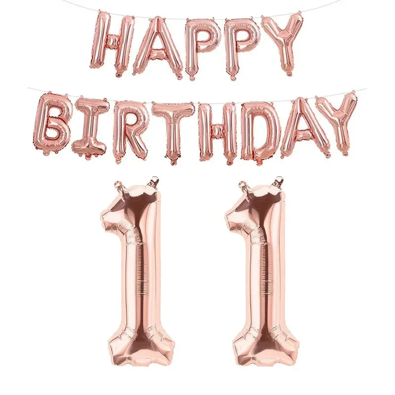 Bannière de ballons en feuille or rose comportant le texte « Joyeux anniversaire » et deux unités dans un ensemble de ballons or rose numérotés pour un anniversaire.