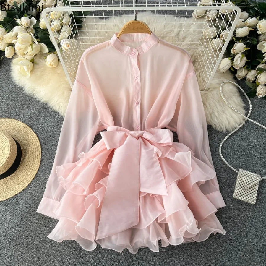 2026 Chiffon French Chic Elegant Blouses for Womens Spring Long Sleeve O-neck Solid Colours Femmen Long Shirt Tops Ruffles Woman