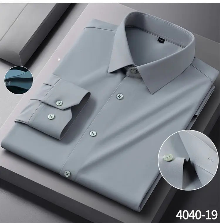 A sleek light gray men’s slim fit nylon formal dress shirt with a crisp collar and buttoned cuffs.