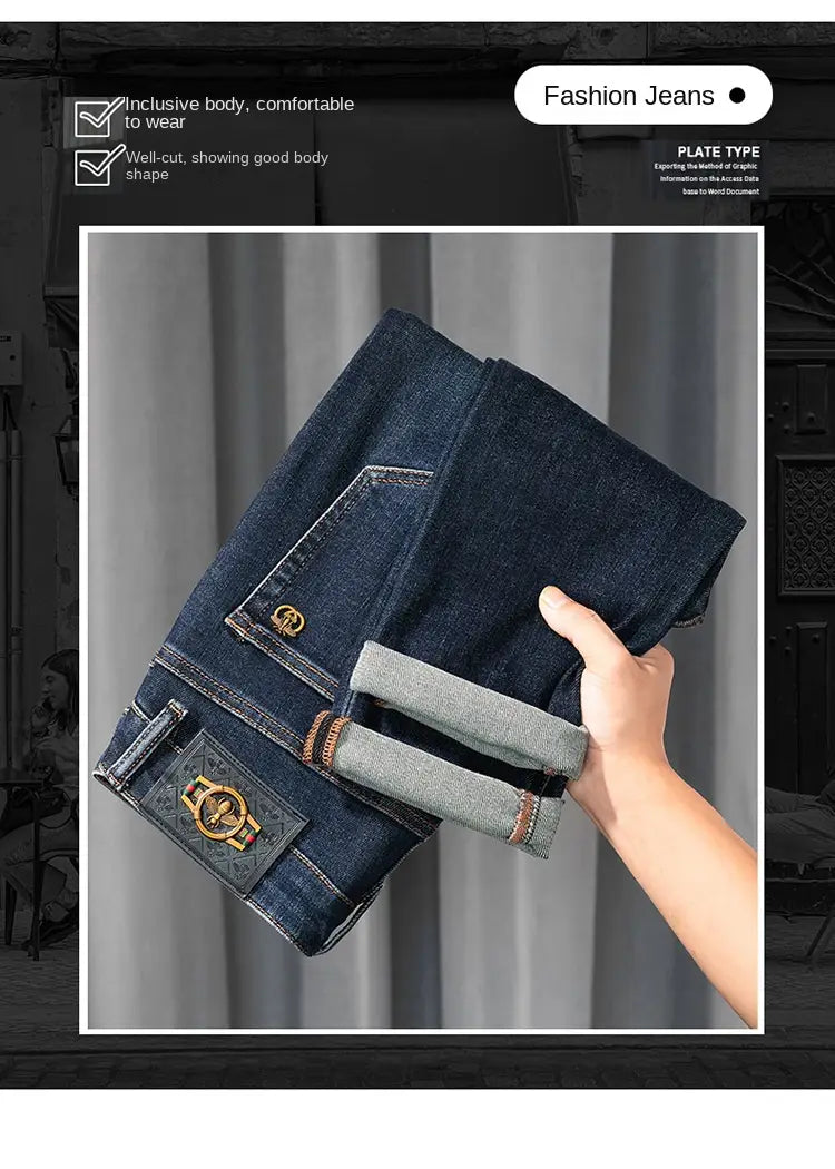 Slim fit dark blue denim jeans for men made of denim fabric featuring the back side with a gold toned metal patch on the back pocket and matching button closures.