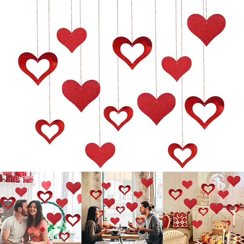 Guirnalda de corazones para San Valentín: pancarta con decoraciones colgantes en forma de corazón con brillo rojo y corazones sólidos.