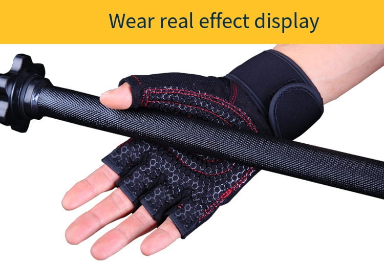 Schwarzer, fingerloser Gewichthebergunschuh-Handschuh mit roter Ziernaht und atmungsaktivem Mesh-Muster, für Fitness und Training entwickelt, von der Rückseite gezeigt.