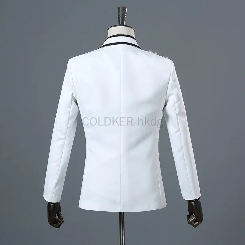 Men's Black Suit with Silver Floral Embroidery 2-Piece Formal Tuxedo Set Stage Performance Wedding Party Blazer and Pants Suit