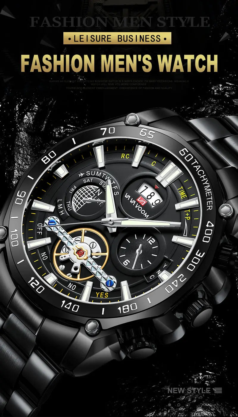 Herrenuhr Va Va Voom aus schwarzem Edelstahl mit Luxus-Athleten-Design und multifunktionalem Zifferblatt mit Chronograph, Tag-Nacht-Anzeige sowie Datumsanzeige.