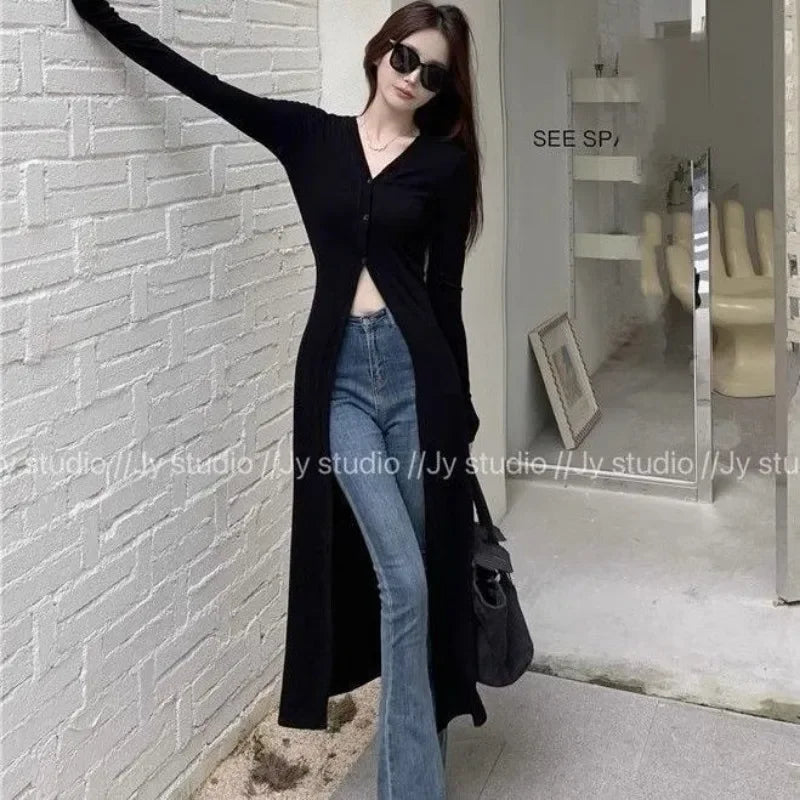 Chic V-neck Black Long Sleeve Shirts Women Slim Cardigan Autumn Mid-length Tops Y2k Windbreaker Streetwear Thin Blouses Trench
