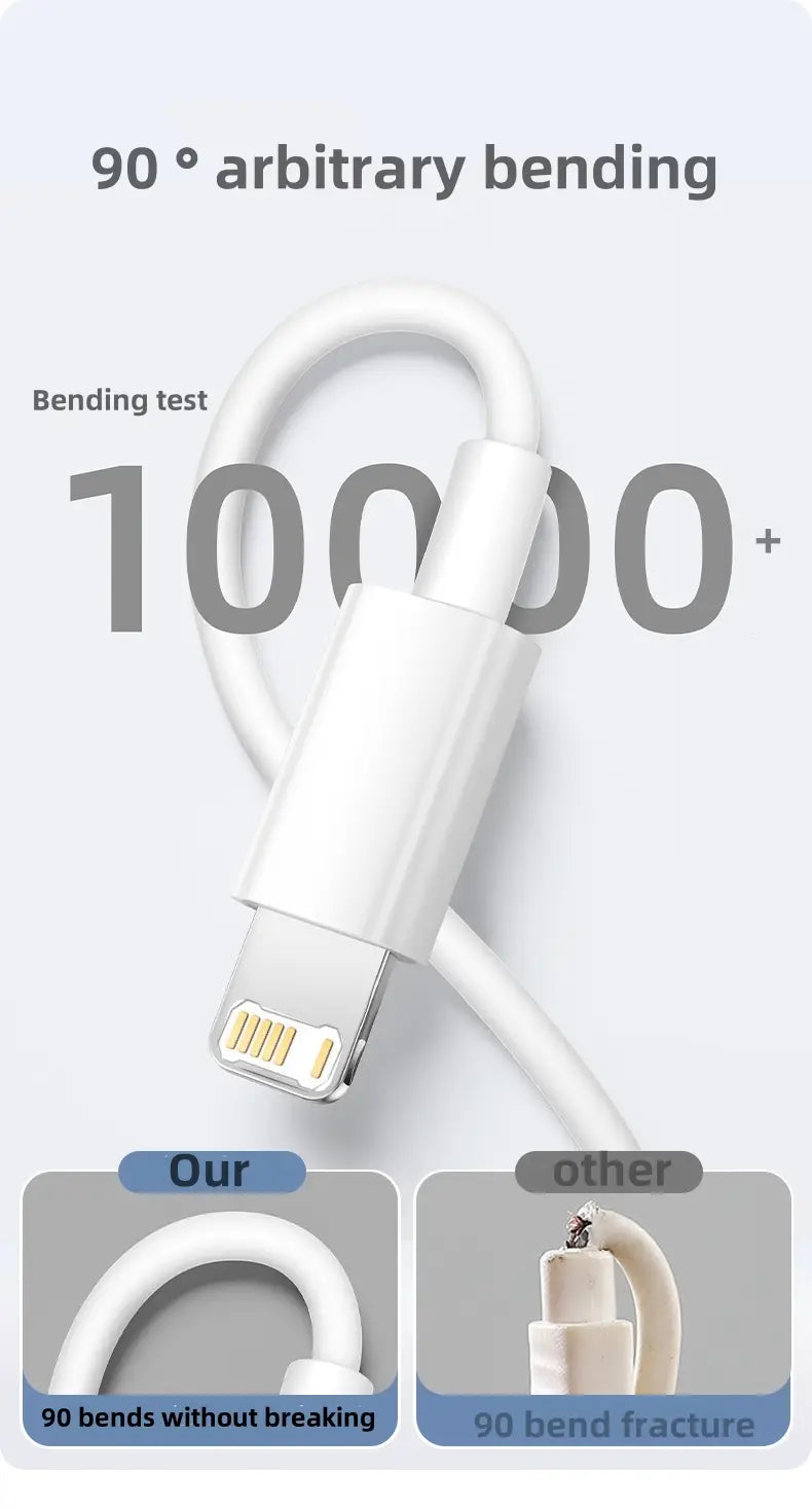 Cable de 35 W rápido de USB-C a Lightning en color blanco, con un diseño flexible y elegante, y conectores reforzados para la carga del iPhone.