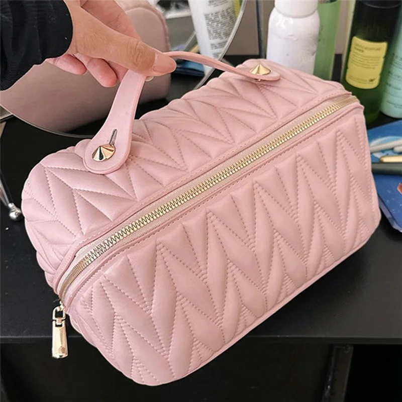 Leather Travel Makeup Bag Large Capacity Toiletry Bag Organizer For Women With Waterproof Interior Pocket, Easy To Use White-AT6