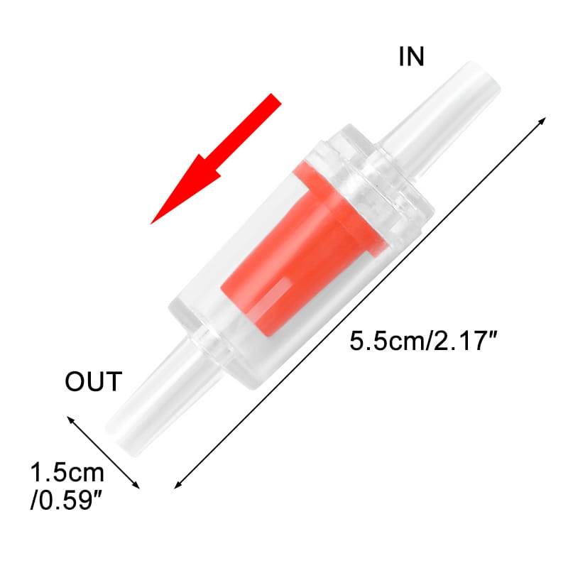 Clear plastic air filter with red internal component and labeled inlet and outlet ports for air stone check valves and air tube in a fish tank accessories kit.
