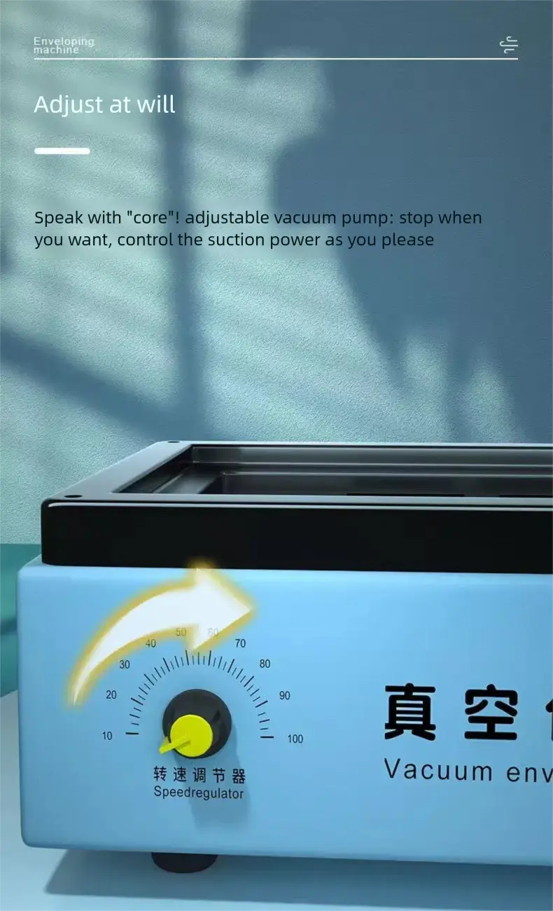 Máquina de laminación al vacío de película para teléfonos móviles de color azul claro, con un dial regulador de velocidad amarillo para una protección precisa de la pantalla del teléfono móvil y beneficios de reducción del costo de envío.