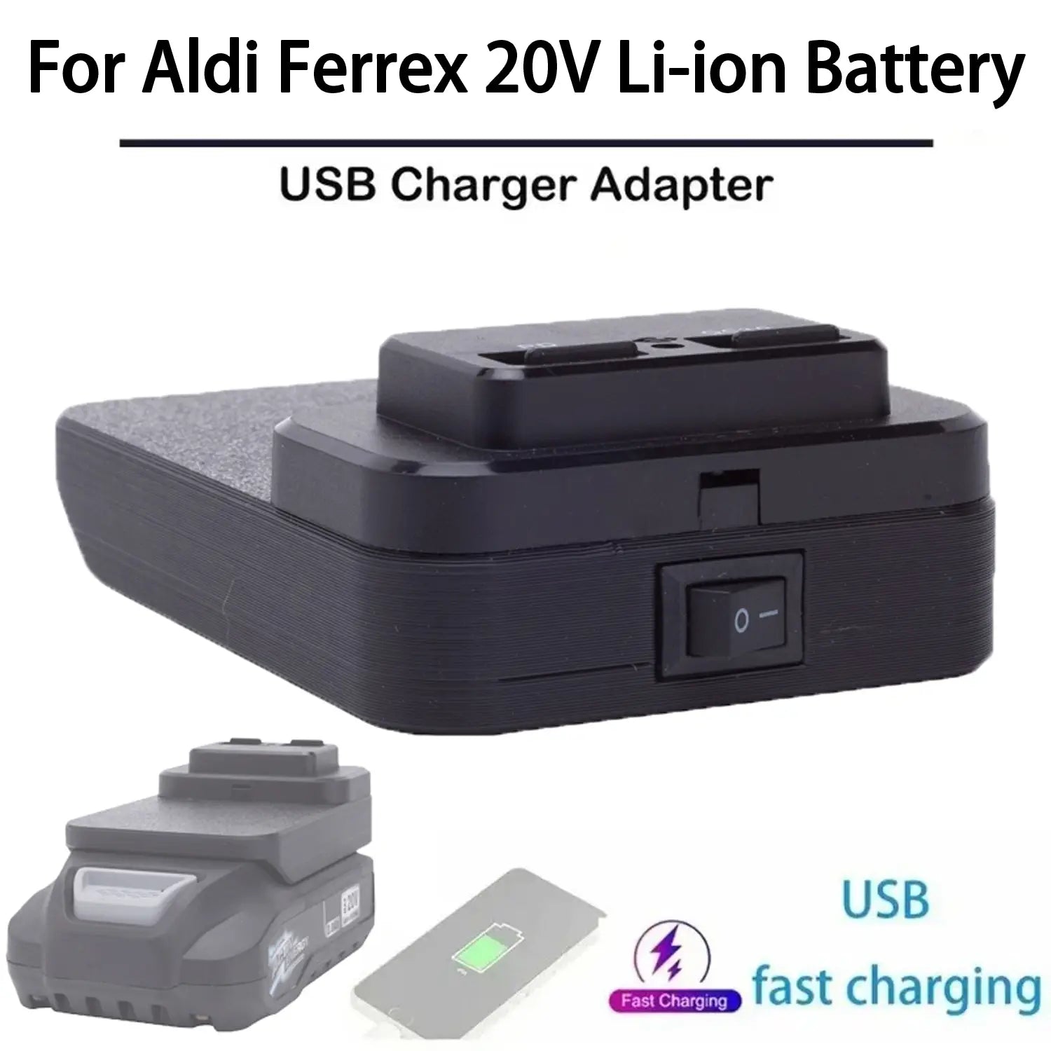 Black plastic usb charger adapter for ferrex 20v power bank with fast charging icon and switch for li-ion battery.