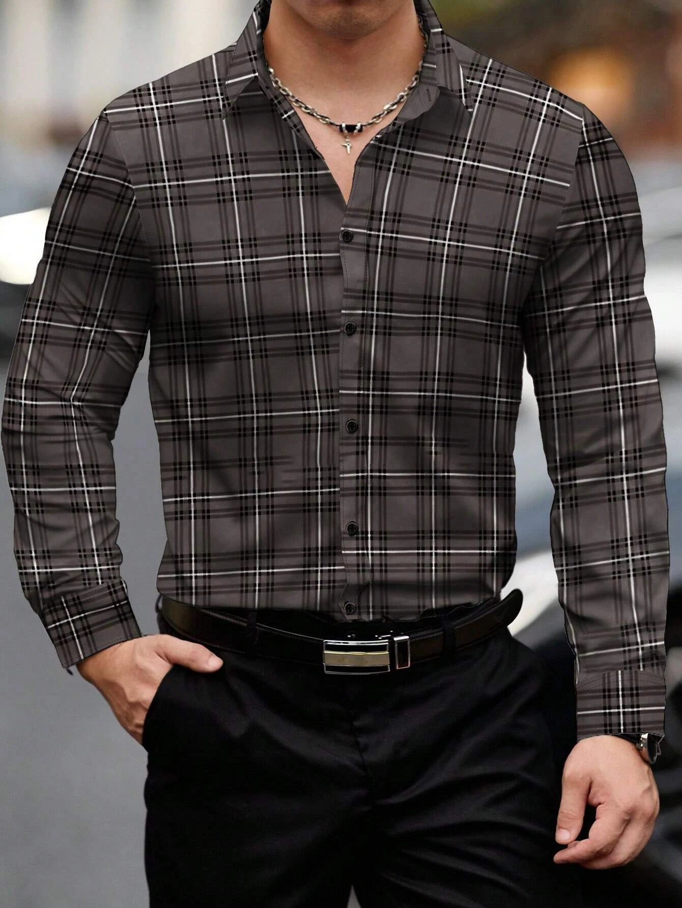 Men’s plaid long sleeve casual button up shirt in dark gray and white with a classic collar and button closure.