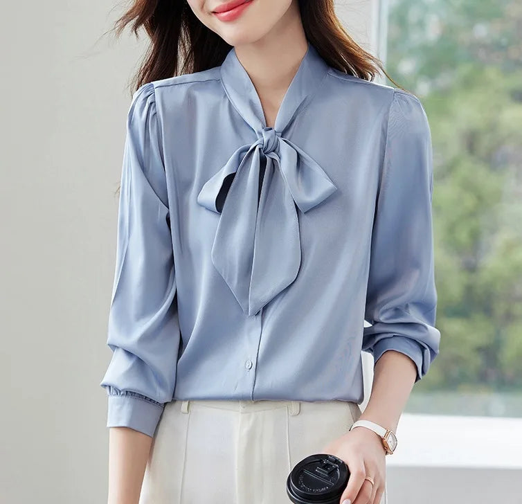 Women Elegant Satin Blouse Bow Tie Neck Puff Long Sleeve Formal Office Work Shirt For Spring Autumn