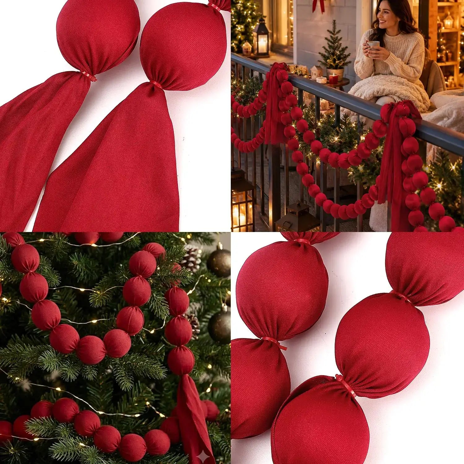 eine burgunderfarbene Samt-Kugelgirlande mit roten Stoff-Pompons, die in einer dekorativen Lichterkette für eine Weihnachtsbaum-Dekoration angeordnet sind, dargestellt vor einem schlichten Hintergrund