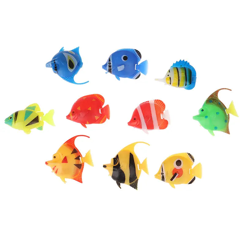 A set of colorful plastic floating fish aquarium fish figurines in vibrant patterns for a moving floating fish decor 10 pack.