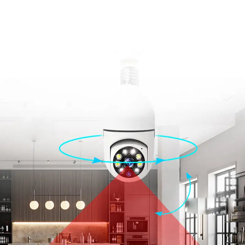 weiße Kuppel-Glühbirnen-Sicherheitskamera mit mehreren LED-Leuchten um die Linse, mit 1080p-WLAN-HD-Smart-Funktionalität und E27-Basis