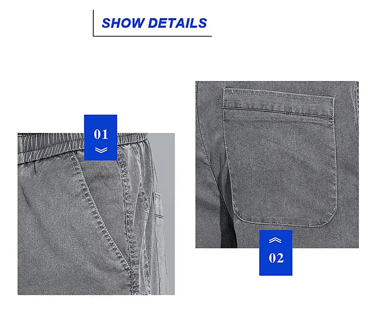 men’s lyocell casual loose straight gray denim pants with elastic waistband and front pocket for comfortable everyday wear.