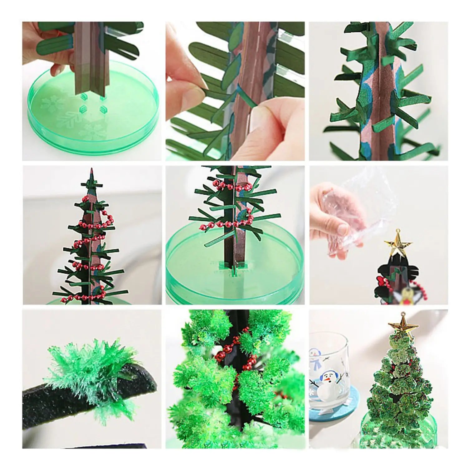 A festive green Magic Growing Christmas tree tabletop toy crafted from layered paper and adorned with red beads, a gold star topper, and sparkling glittery snow.