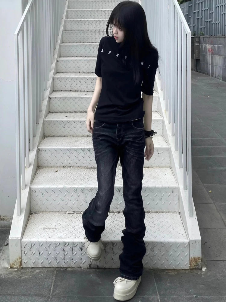 Cleanfit American Style High Street Vibe Distressed Slim Fit Bell Bottom Jeans Men Women Black Grey 517 Denim Pants Autumn