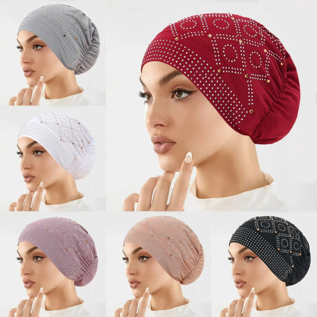 New Fashion Diamonds Headscarf Hat Muslim Women Head Cover Underscarf Beanies Inner Hijab Bonnet Hair Loss Headwrap Cap Undercap
