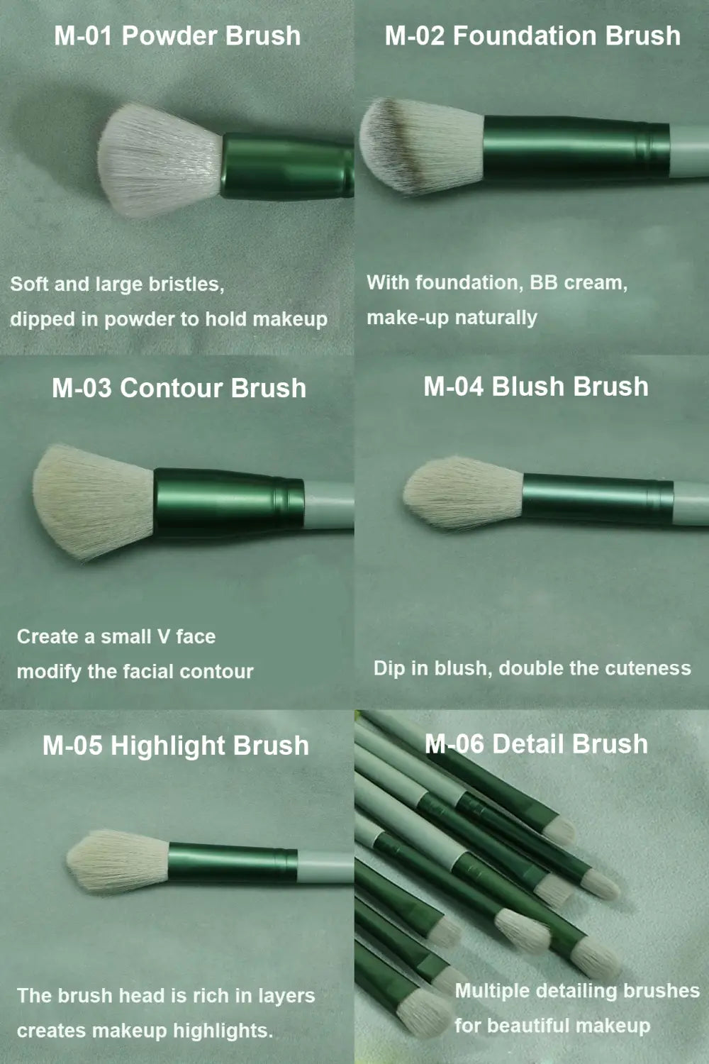 Set of six makeup brushes with green and white handles and soft bristles for powder, foundation, contouring, blush, highlighting, and eye shadow in the makeup brushes set 13 pcs rose gold cosmetic brush collection.