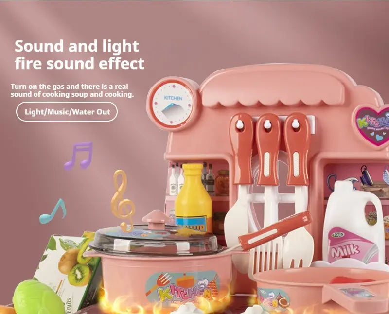 Kinder-Küchenspielset mit Licht- und Soundeffekten aus rosa Kunststoff mit orangefarbenen und weißen Utensilien, einer gelben Milchflasche und einem Uhrzifferblatt auf der Abdeckung.