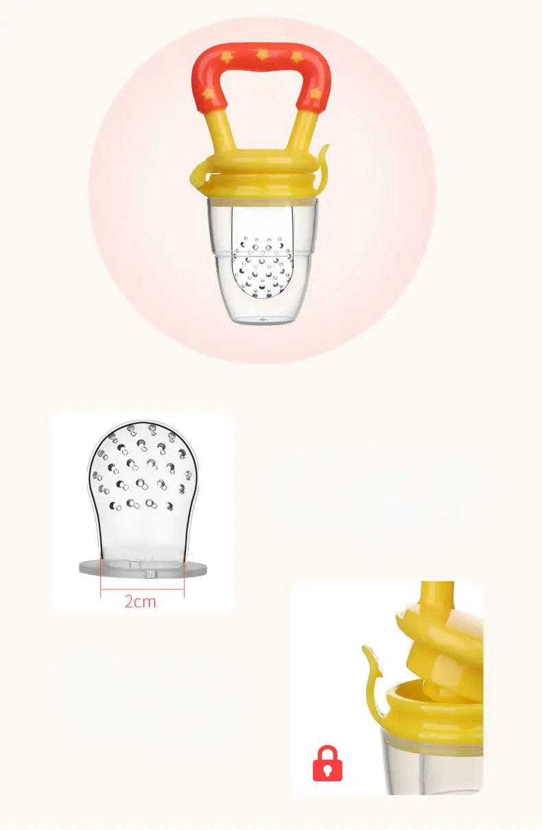 Silikon-Babysortiment für Obstmahlzeiten und Beißlöffel mit gelbem und rotem Silikon sowie einem klaren Kunststofffach für sicheres Füttern und Zahnen.