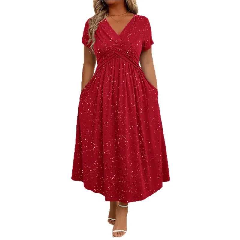 Vestidos De Mujer Casuales V Neck Short Sleeve Pocket Hem Elegant Dress Women's Summer New Formal Evening Fashion Hem Long Dress