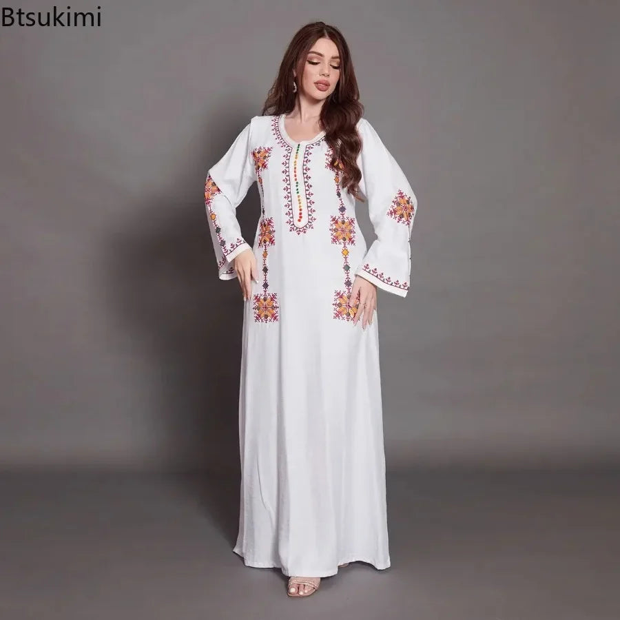Muslim Fashion Abaya for Women Colorful Embroidery Floral Dress Loose Ethnic Style Arab Robe Ramadan Gown Dubai Kaftan Vestidos