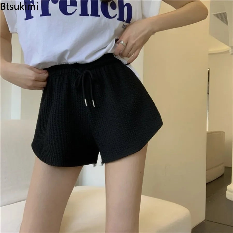Summer Shorts Women's Waffle Sport Fitness Shorts Loose Casual Drawstring Wide Leg High Waist Short Pants Girls A-line Hot Pants