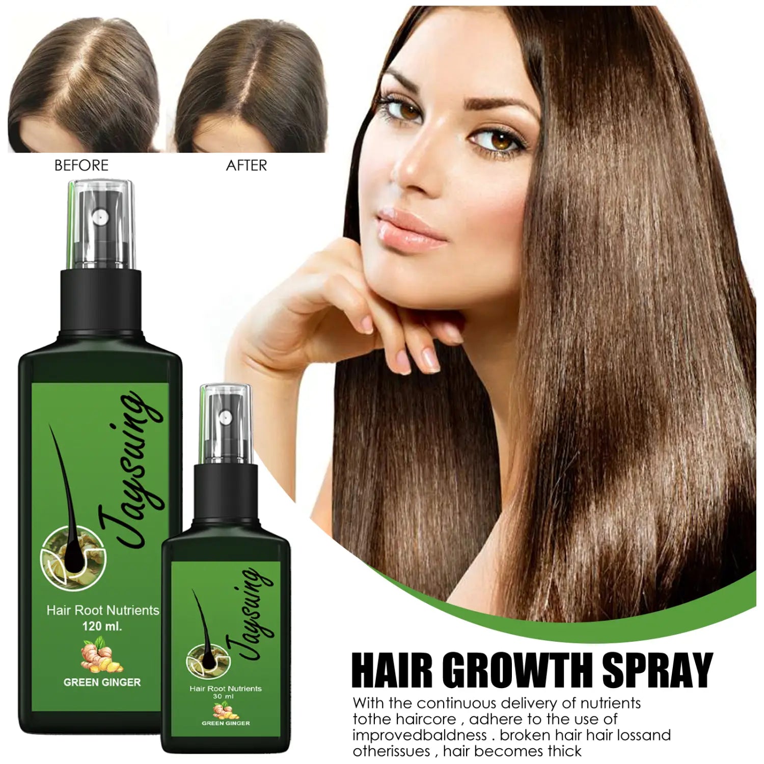 Spray de crecimiento para el cabello con jengibre verde para el cuidado del cabello, en frascos negros elegantes con boquillas rociadoras transparentes para el tratamiento nutritivo del cuero cabelludo de 120 ml