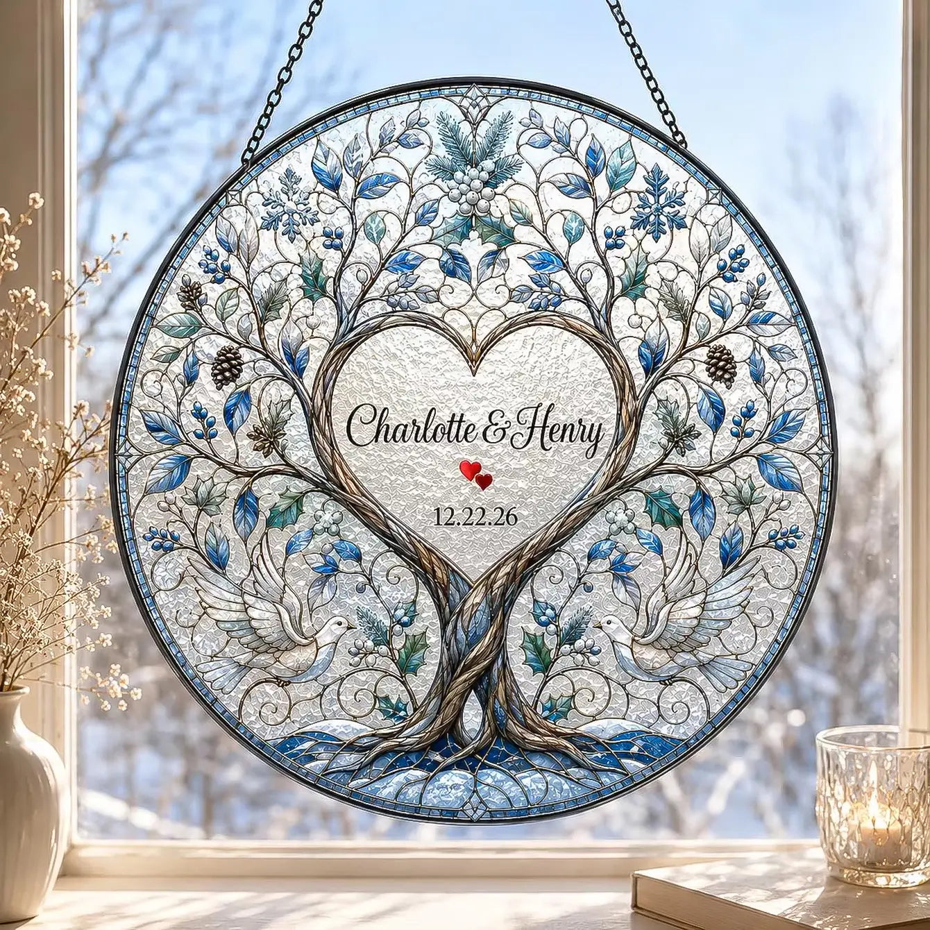 Regalo de boda personalizado de vitrales del árbol de la vida para atrapa-soles, con un diseño circular que presenta hojas azules y verdes, piñas, copos de nieve y dos palomas blancas formando un centro con forma de corazón, con Charlotte y Henry, y la fecha.