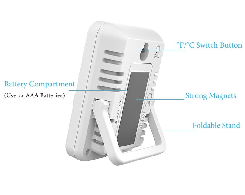 Medidor digital interior de temperatura y humedad de plástico blanco con soporte plegable y botón de conmutación de temperatura para lecturas digitales precisas de temperatura y humedad.