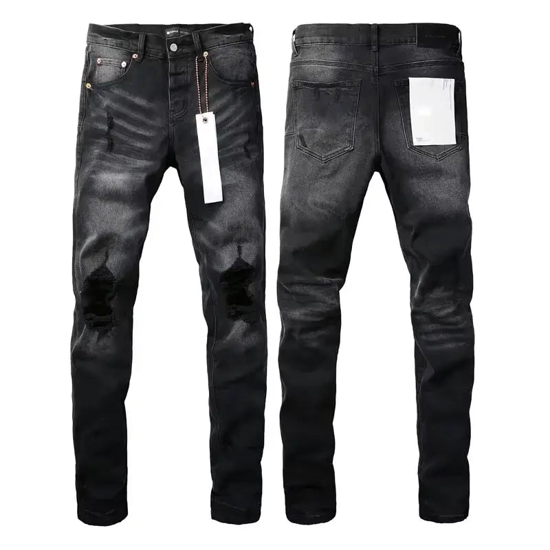Black distressed patchwork skinny jeans featuring ripped knee details and slim fit design in black denim.