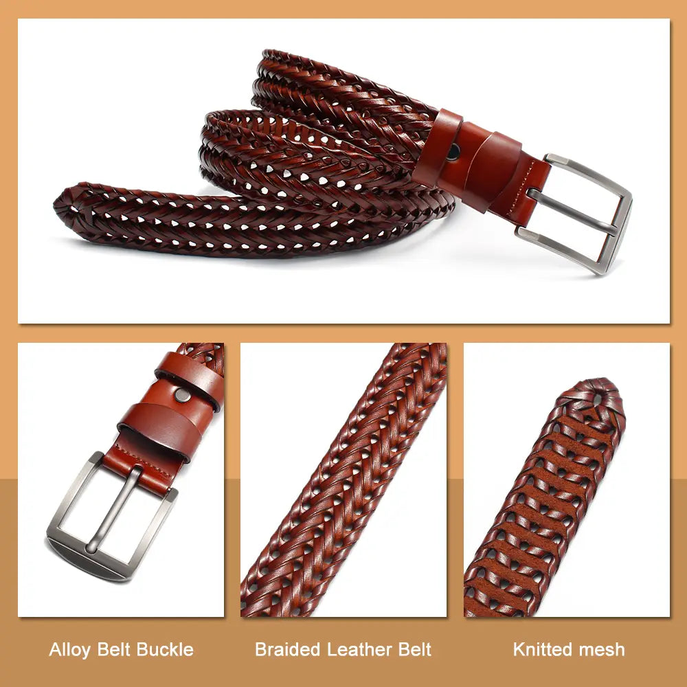 Men genuine leather braided belt in brown with a silver-toned alloy buckle.