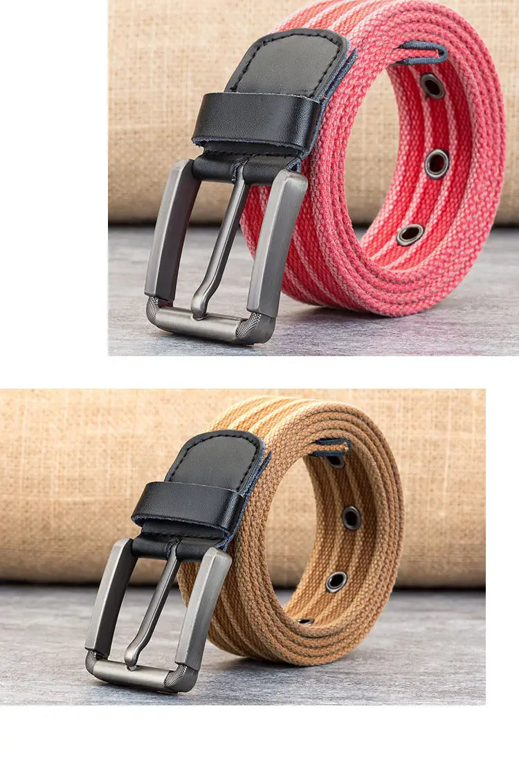 Boucle à épingle pour ceinture en toile tissée pour homme avec motif rayé rose et blanc et boucle en cuir noir.