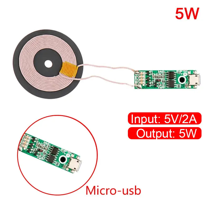 Wireless charger pcba 15w type-c module featuring a 5w wireless charging coil and circuit board set with micro-usb input for advanced wireless charger future applications.