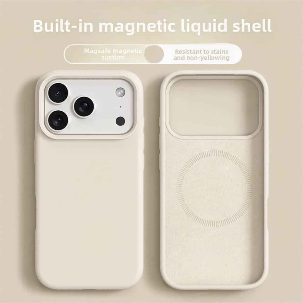 ワイヤレス充電対応の内蔵magsafe吸着機構を搭載した、iPhone 17 Pro Max向けクリーム色シリコーン磁性液ケース（背面からの表示）。